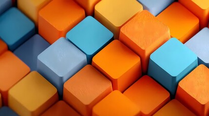 Poster - オレンジ色と青色のキューブが織り成す抽象的な背景パターン テクスチャと幾何学的な形状が特徴のカラフルなデザインで モダンアートを表現