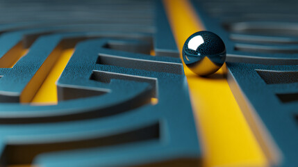 Poster - dark sphere on yellow path through blue textured maze, representing solution, strategy, or problem-s