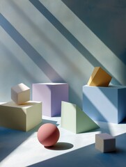 Poster - Abstract composition of geometric shapes in soft pastel colors with shadows creating a visually striking and modern artistic arrangement