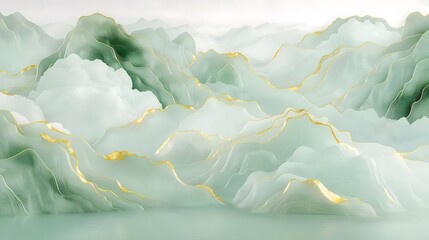 Aufkleber - 黄金色のアクセントを持つ抽象的な緑の山の風景デザインの壁紙アートワーク