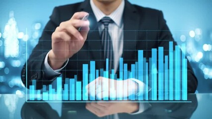 Poster - Businessman Analyzing Vibrant Blue Bar Graph on Glass Table Against Blurred Cityscape in Suit and Tie Optimized for Adobe Stock Photo