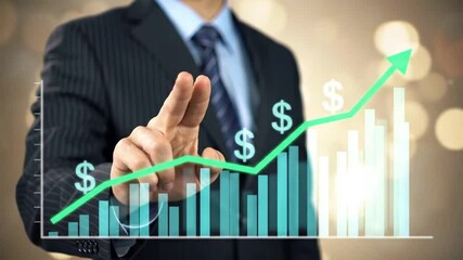 Poster - Businessman Points to Rising Chart Demonstrating Financial Growth on Bokeh Background in a Professional Dark Blue Suit