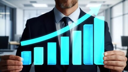 Poster - Executive Holds Glowing Bar Graph Demonstrating Financial Growth in a Modern Office Environment
