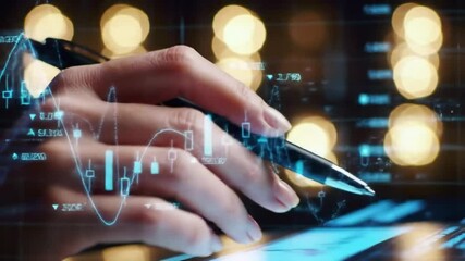 Poster - Hand Holding Pen Analyzing Stock Market Charts on Digital Display with Bokeh Background in Warm Color Palettes for Data Analysis
