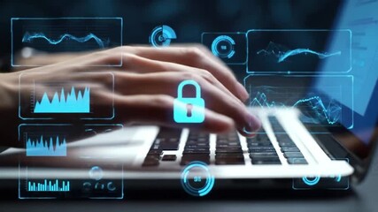 Poster - Hands Typing On Laptop with Glowing Blue Padlock Data Protection and Cybersecurity