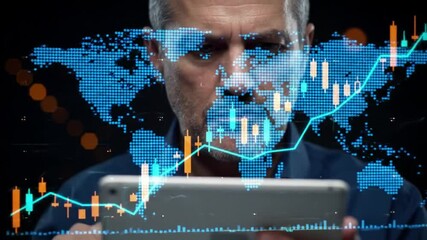 Poster - Mature Man Analyzing Stock Market Data on Tablet with Glowing World Map Background Business Finance Technology and Global Investment Concept
