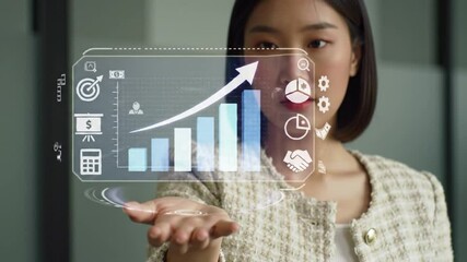 Poster - Professional Woman Presents Augmented Reality Growth Chart with Financial Icons