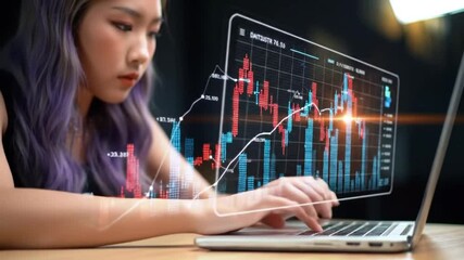 Poster - Young Asian Woman Analyzing Stock Market Data With Laptop With Translucent Stock Chart Overlay In Red and Blue Colors