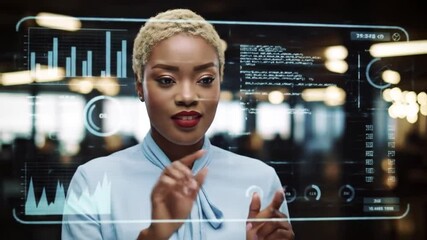 Poster - Young Woman Manipulating Data on Transparent Screen in Office with Blonde Afro in a Blue Shirt