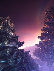 Poster - Surreal Landscape with Intricate Tree-Like Structures Under a Vibrant Purple Sky at Dusk