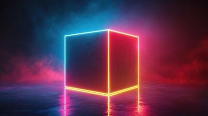 Poster - Neon Cube Radiating on a Vaporous Horizon, Minimalist Composition