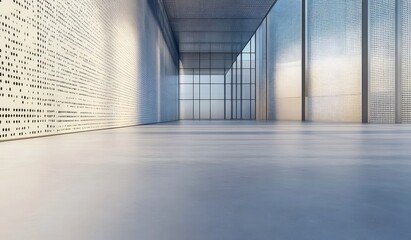Fototapete - ミニマリストの幾何学的なデザインが施された現代建築のインテリア 穴あき壁と光の通路 グレーの床と抽象的な背景