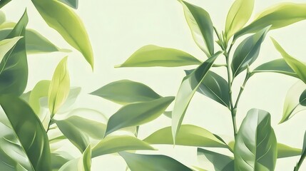 Aufkleber - 明るい背景にライトグリーンの葉を持つ緑豊かな植物群 自然な背景 新鮮で明るく 春と夏の雰囲気 健康と活力 穏やかでシンプルなデザイン