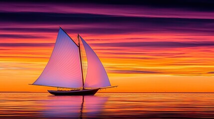 Poster - Sailboat glides on vibrant sunset ocean waters