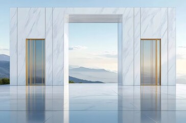 Fototapete - 大理石のアーチの入り口 空と山々の風景 ミニマルな現代建築デザイン