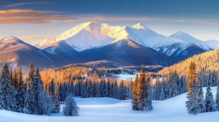 Poster - Majestic Winter Mountain Landscape Sunrise Snow Forest
