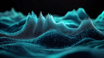 Aufkleber - ターコイズブルーのパーティクルで生成された抽象的な山の風景 ブラックの背景に浮かぶデジタルアートの波と幾何学的な形状