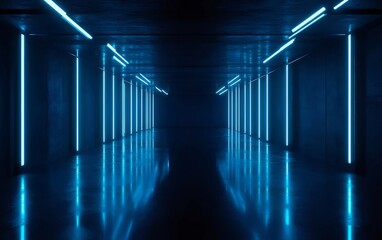 Aufkleber - 未来的な建築の青いネオンライト反射トンネル 光沢のある床とダークウォールを持つ抽象的な内部構造の水平ショット
