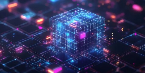 Aufkleber - ブルーの光る抽象的なキューブの三次元レンダリング 未来的な技術接続とグローバルネットワークにおけるデータ処理と通信