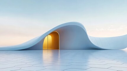 Fototapete - 抽象的な幾何学的デザインの白い未来的な建築物、夕暮れの光が反射する表面にアーチ型の入り口を持つ現代的なミニマリスト構造