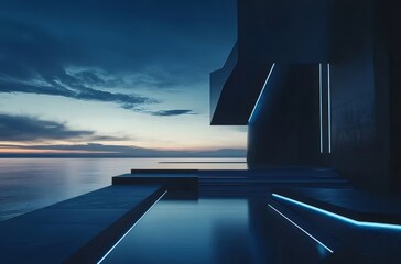Aufkleber - 青いライトが輝く現代建築 海と空の夕暮れ時の風景