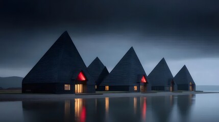 Aufkleber - 海岸線に並ぶ尖塔型の屋根を持つ小屋の夜景 穏やかな水面に反射する光が美しい 静寂に包まれた幻想的な建築景観