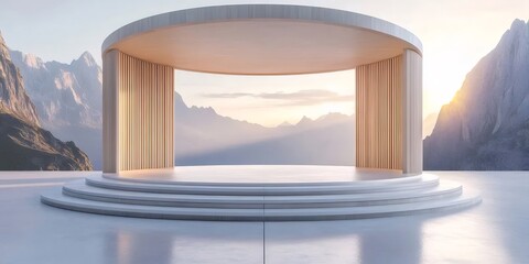 Aufkleber - 穏やかな山の背景に円形の木製ステージ建築の構造カラムと黄金の内部の光が特徴のミニマルな3D景観