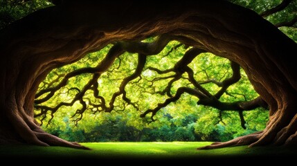 Poster - Majestic Tree Tunnel with Green Lawn and Forest in the Background