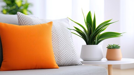 Poster - Orange and Gray Pillows with Houseplants on a Sofa