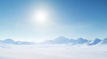 Aufkleber - 太陽が輝く白と青の冬の雪の風景 山と氷原を背景にした静かな雪景色