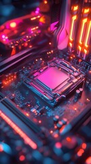 Poster - 鮮やかなネオンライトが輝く詳細なマザーボード回路のクローズアップ写真、現代的な技術と複雑な電子回路の描写