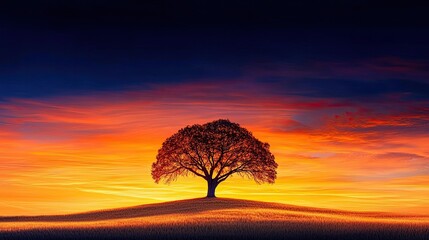 Poster - Solitary Tree Silhouette Against Vibrant Sunset Sky