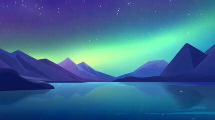 Poster - 湖の上の紫色の山々と緑のオーロラと明るい星空のピクセルアートの夜景