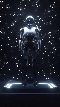 シルバーロボットアンドロイド全身像, 黒色の背景に輝く粒子で囲まれ, 未来的な人工知能を示す展示台で