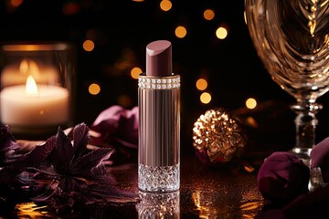 Poster - Elegant Lipstick in Festive Setting Decorated with Crystals