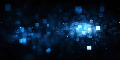 Poster - 青色の光るキューブが散らばる抽象的な背景 デザイン要素と未来的なテクチャが特徴