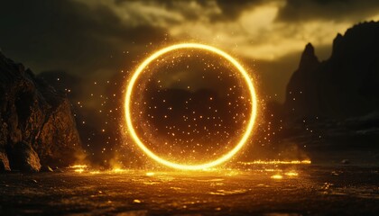 Poster - Glowing Golden Neon Frame With Sparkling Sparks And Light Effects: A Radiant Ring Frame With A Sparkling Glow Effect.