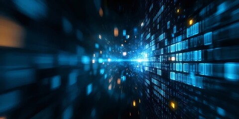 Aufkleber - ダイナミックなライトが特徴の抽象的な青色デジタル技術の背景におけるブロックのグリッドと光の動き