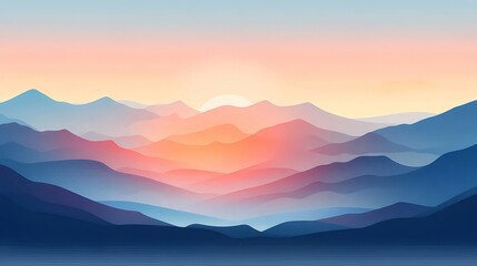 Poster - オレンジと青のグラデーションの空と山脈のピクセルアート風景の静かな眺め