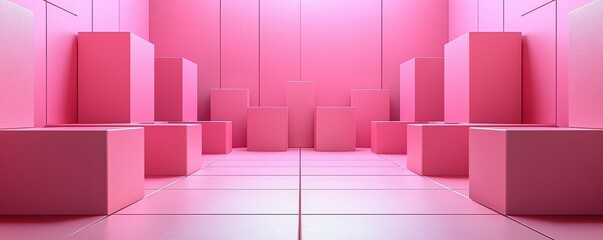 Poster - Pink geometric abstract room with cubes in a modern and minimalistic design
