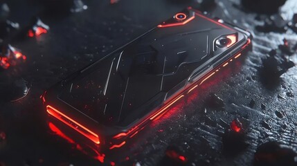 Aufkleber - 赤いアクセントライトと抽象的な背景を持つ黒いゲームスマートフォン デバイス 技術革新と未来的なデザインが特徴