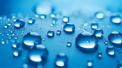 Aufkleber - 青い背景上の透明な水のドロップのマクロショット 清潔でみずみずしい雰囲気の抽象的な水のテクスチャ