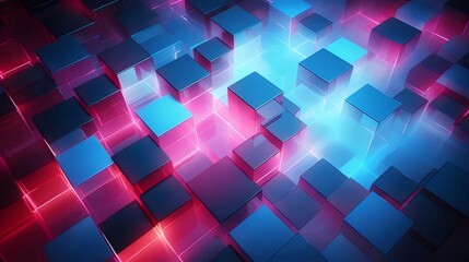 Aufkleber - 青と赤の抽象的な光るキューブパターンデジタル背景と未来的な技術グリッド