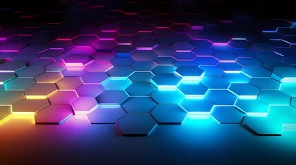 Aufkleber - 鮮やかなネオン色の六角形のパターン 抽象的な未来的な背景に ダークトーンの3Dレンダリング