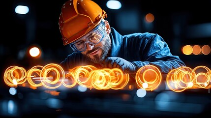 Poster - Industrial Worker Examining Glowing Metal Components