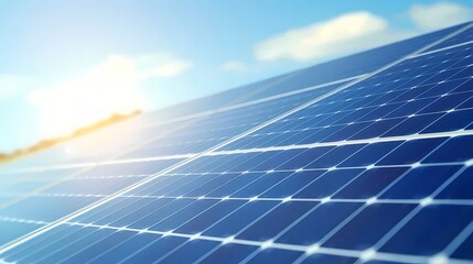 Aufkleber - 青空を背景にした太陽光が反射するクリーンエネルギーのソーラーパネルのクローズアップ