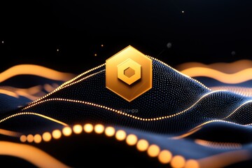 Aufkleber - Golden Hexagon on Dotted Wave Background with Glowing Lights