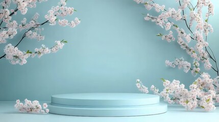 Aufkleber - ライトブルーの背景に桜の枝と円形ステージのあるミニマルな製品展示台のスタジオショット