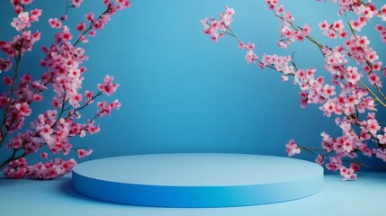 Poster - パステルブルーの背景に桜の枝と円形ステージの静物画