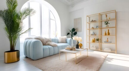 Aufkleber - 明るいリビングルーム、パステルブルーのソファ、白い壁、アーチ型の窓、金のアクセントの家具、エレガントな室内装飾で飾られた豪華な雰囲気を醸し出しています